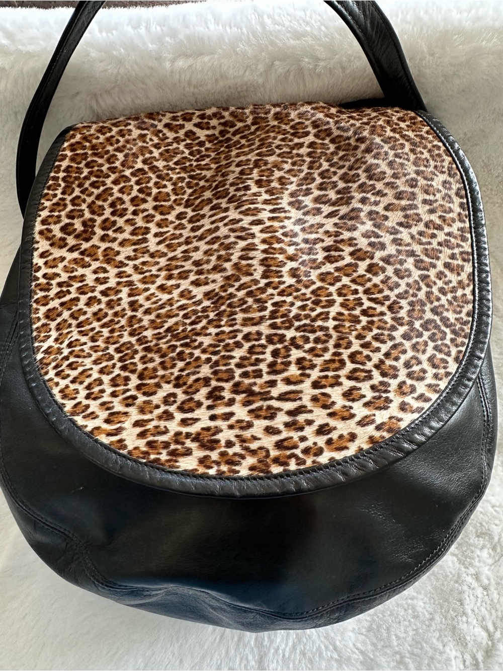 Halston Vintage Leopard Print Haircalf & Black Leather Shouldered Bag